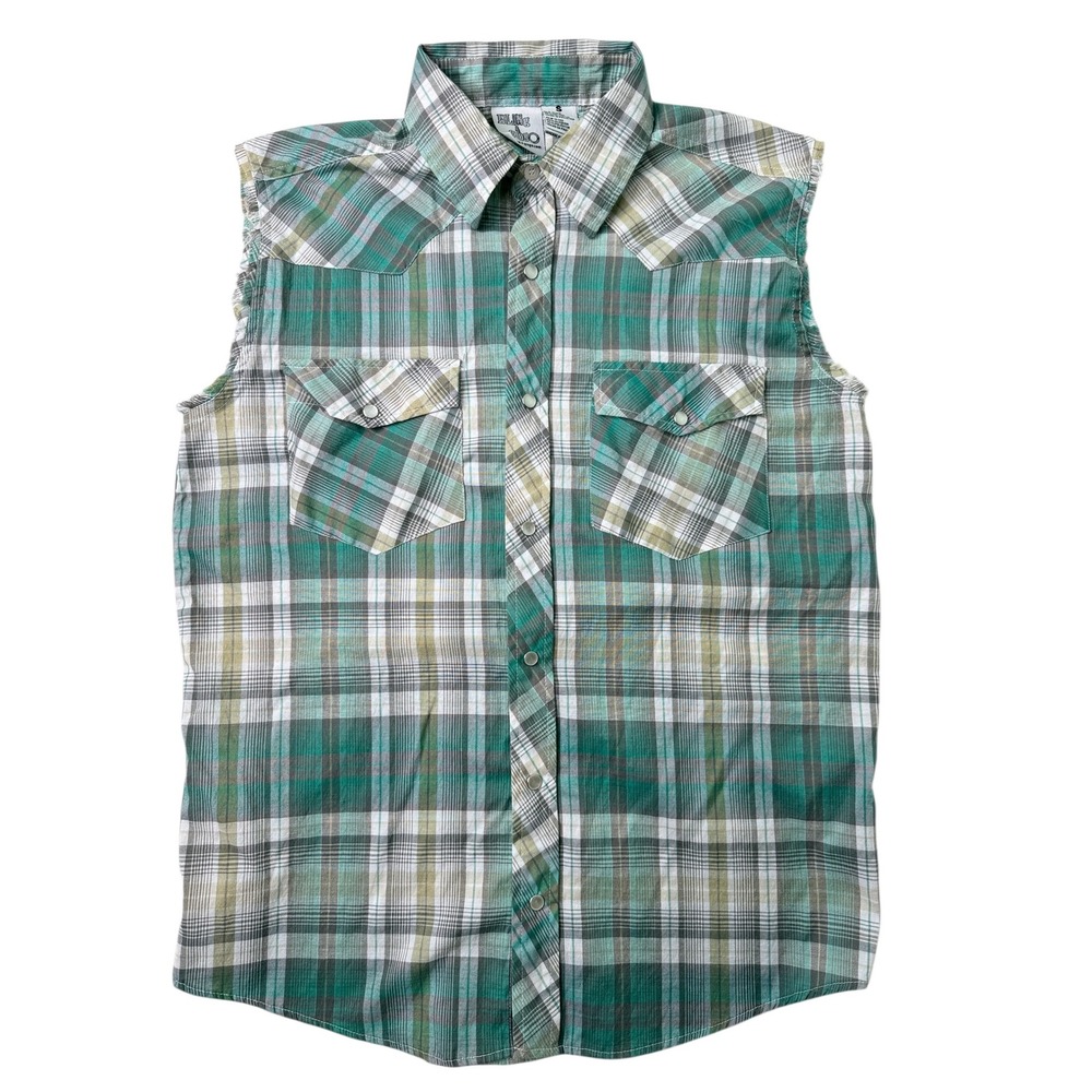 Bling GoGo Mens Pearl Snap Shirt Plaid Cowboy Muscle Cut Off Sleeveless Western
